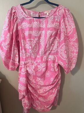 Luxxel Pink and White Paisley Print Puff Sleeve Dress
